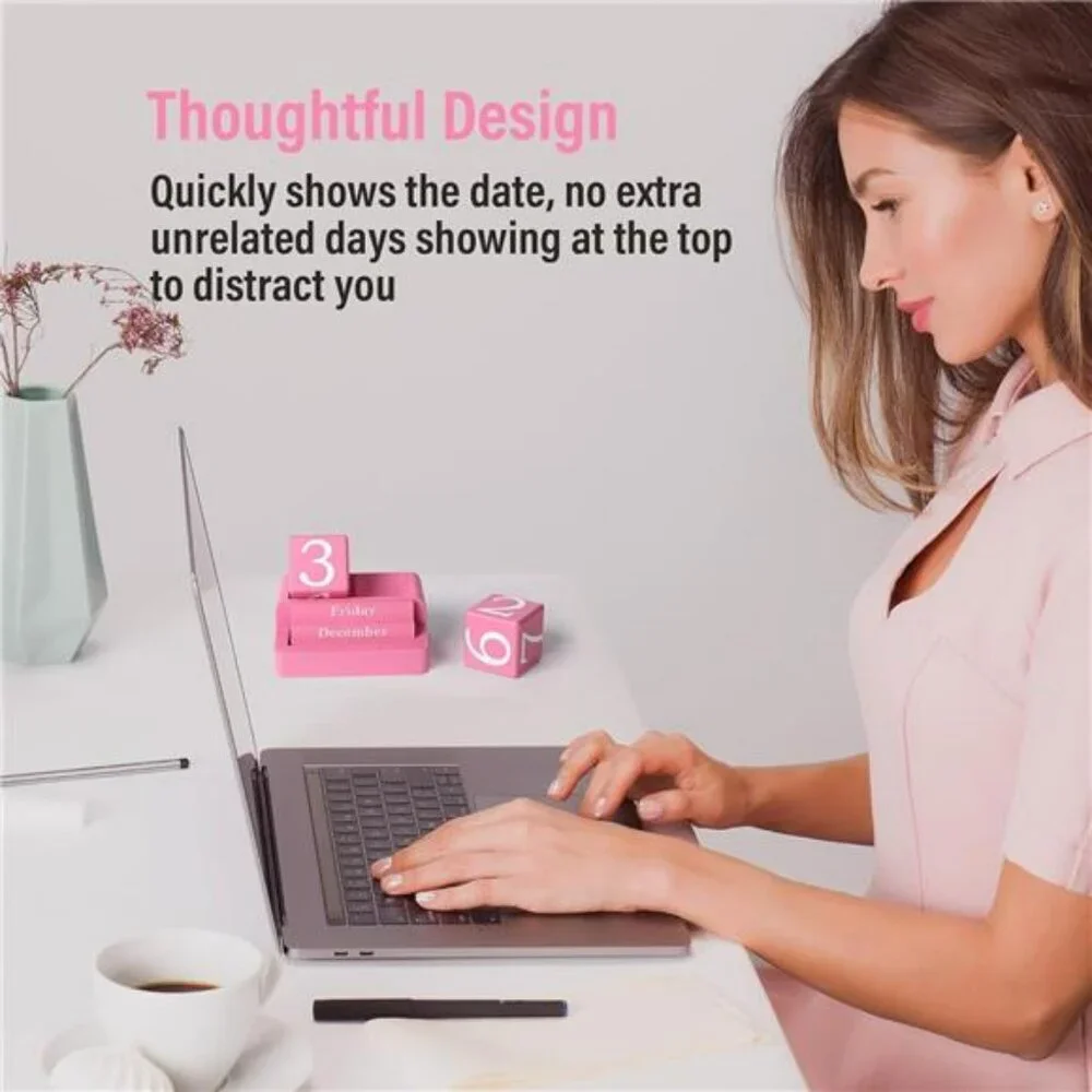 Wooden Block Perpetual Desk Calendar Reusable Date Display Home Office Decor